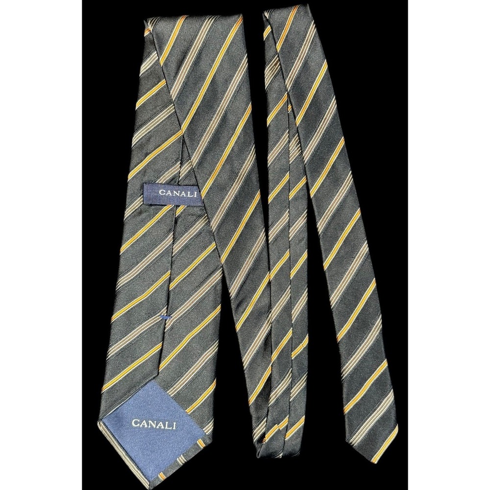 Canali Italy Men's Black Gold Striped 100% Silk Classic Necktie Size 58"x3.5" - Picture 4 of 8